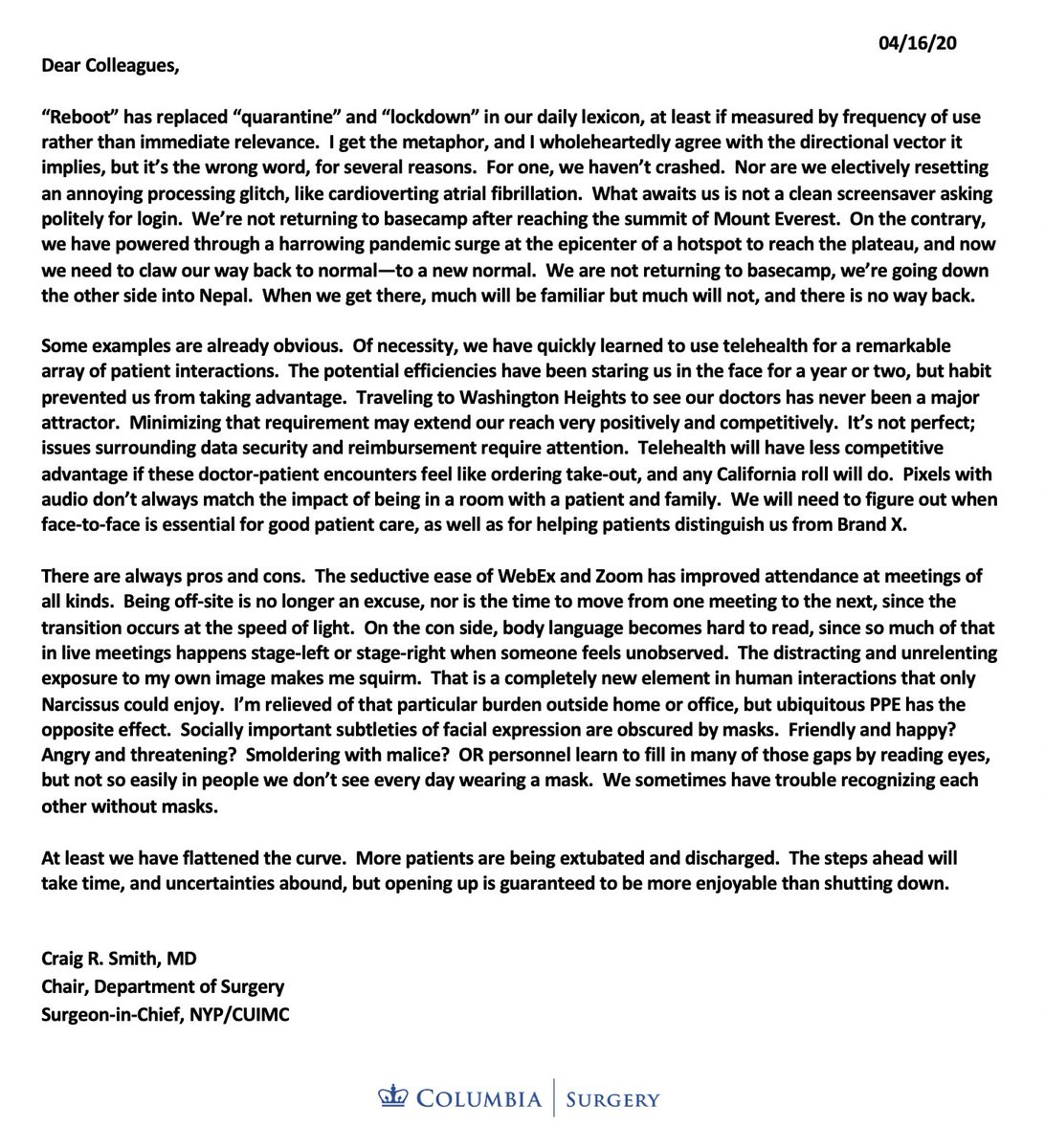 COVID-19 Update: Thursday, 4/16/20Here’s the latest missive on the  #COVID19 crisis from Dr. Craig Smith:  https://columbiasurgery.org/news/covid-19-update-dr-smith-41620