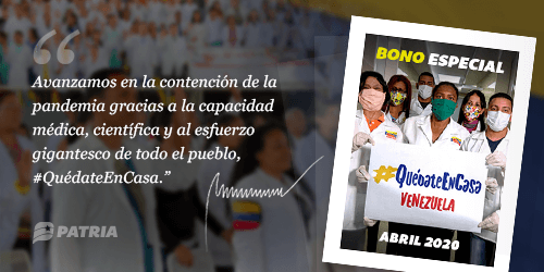 Por instrucción del Pdte.@NicolasMaduro inicia este 16 de abril de 2020 la entrega del Bono Especial #QuedateEnCasa (abril 2020), para los trabajadores independientes o cuenta propia, que hayan reportado esta condición a través de la opción Laboral #17AñosBarrioAdentro