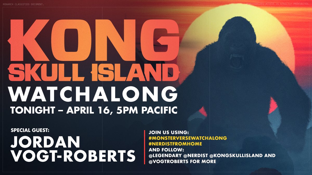 It’s almost time! The Watchalong for  @kongskullisland starts at 5pm PT /8pm ET tonight. Get your copies ready and follow this thread. Director  @VogtRoberts and  @Nerdist will be joining in on the fun! Hashtags to join:  #Monsterversewatchalong  #nerdistfromhome