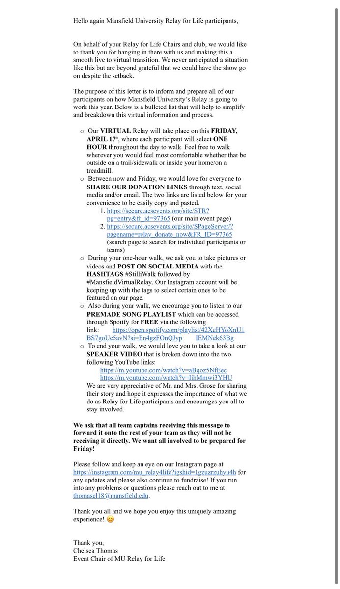 Mansfield_CAC's tweet photo. Hello everyone! Here are some instructions for our virtual Relay tomorrow! Thank you everyone!! https://t.co/CXcEzt8aSx