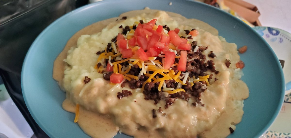 Meat and potatoes tonight homade garlic mashed potatoes and beef gravy, seasoned ground beef cheese tomato to top.