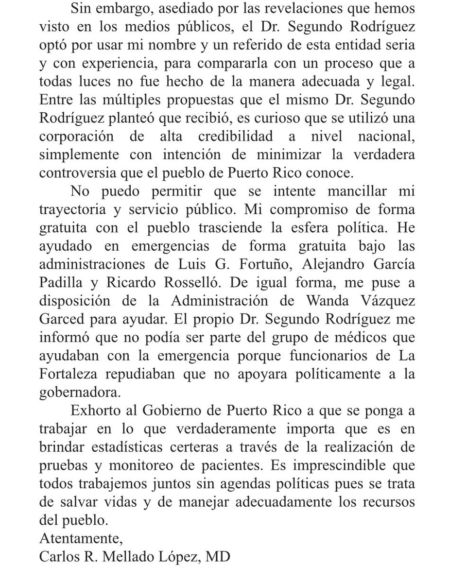 drcarlosmellado's tweet photo. Comparto con el pueblo de Puerto Rico mis expresiones por escrito sobre  la aparición de mi nombre en el día de hoy en una carta firmada por el Dr. Segundo Rodríguez . https://t.co/AjsMG9OVZG