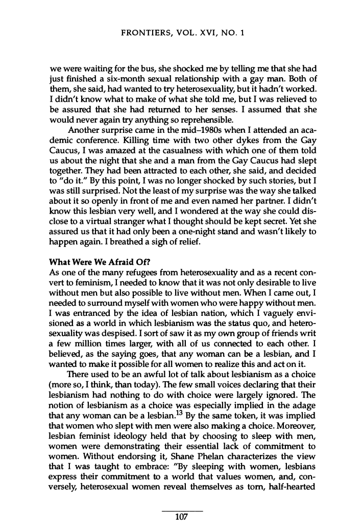 "Bisexual Women and the "Threat" to Lesbian Space", by Sharon Dale Stone, 1996, pages 4-8 (of 16)