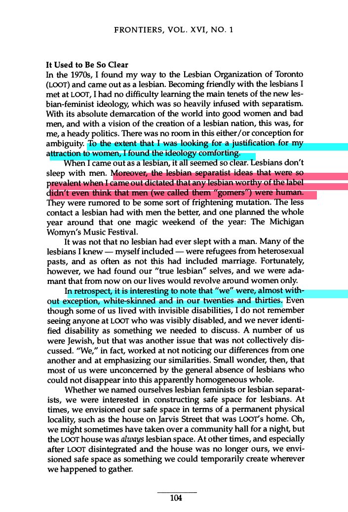 as bi lesbian discourse is happening again, i'm going to tweet all of "Bisexual Women and the "Threat" to Lesbian Space", a 1996 reflection by (not-bi) lesbian Sharon Dale Stone on biphobia in the lesbian feminist movement, its causes, its tragic effects, and how we can grow