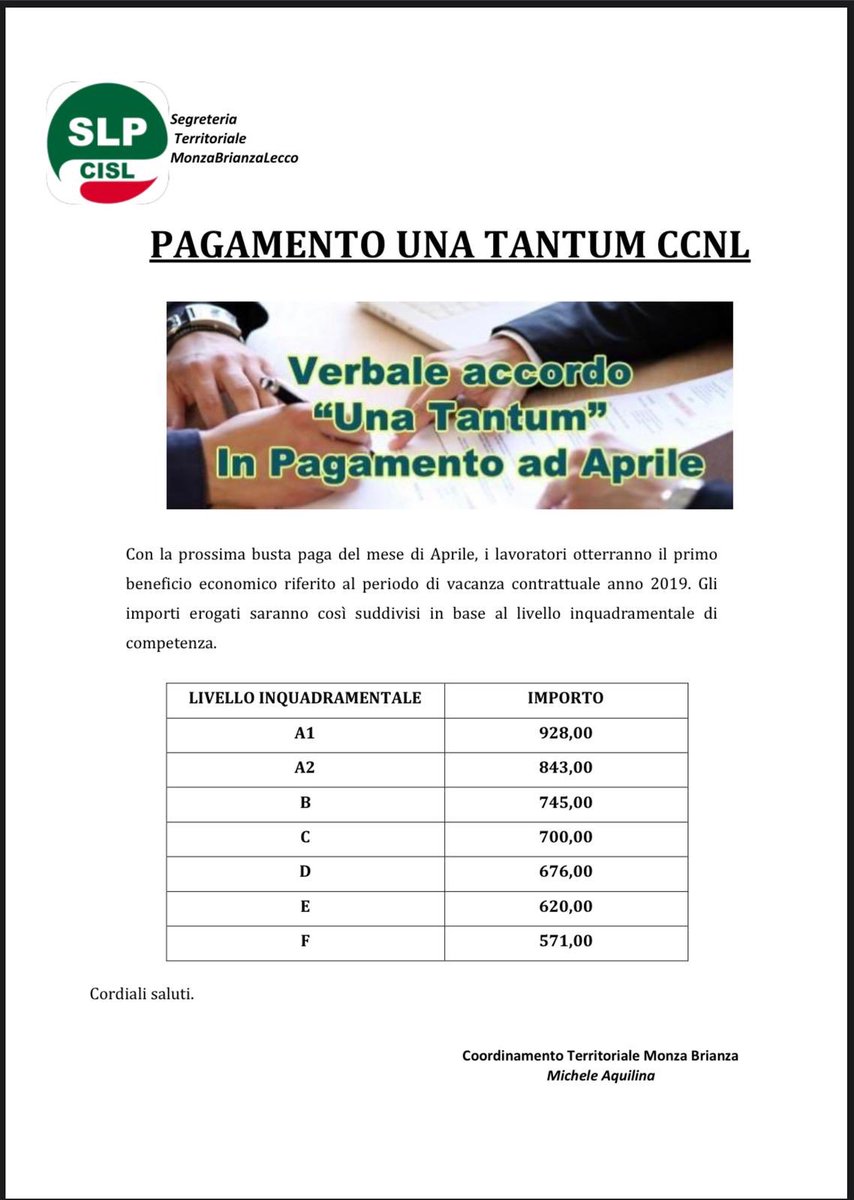 aquilin6's tweet photo. Pagamento ad Aprile Una Tantum CCNL. https://t.co/MV5PFeM5HC