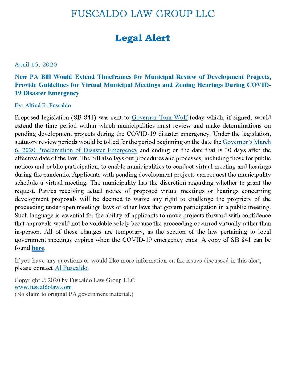 fuscaldolaw's tweet photo. New PA Bill Would Extend Timeframes for Municipal Review of Development Projects, Provide Guidelines for Virtual Municipal Meetings and Zoning Hearings During COVID-19 Disaster Emergency.  How would this legislation impact pending PA development projects? Legal Alert attached. https://t.co/D6w4F3ZrRv