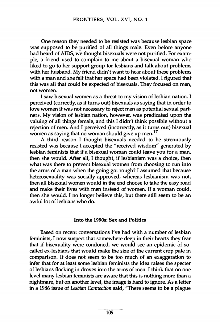 "Bisexual Women and the "Threat" to Lesbian Space", by Sharon Dale Stone, 1996, pages 8-12 (of 16)