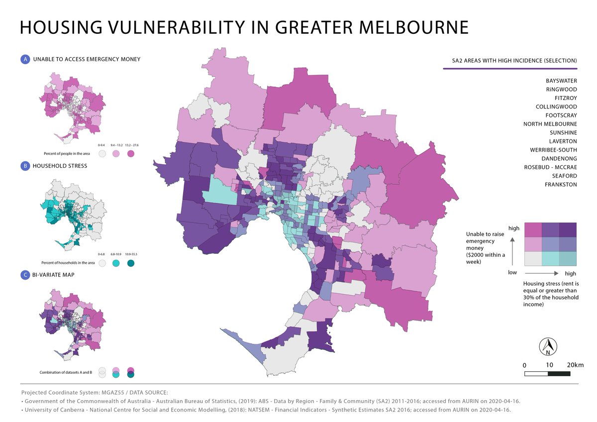 aurin_org_au's tweet photo. Is your suburb vulnerable to housing stress? Here we explore Greater Melbourne SA2s & their vulnerability in exisiting household stress & access to emergency money. @DanielAndrewsMP rent relief package will be welcomed in many of these areas! https://t.co/DtRrWjnLwb #AURINdata https://t.co/U0wqVNJapp