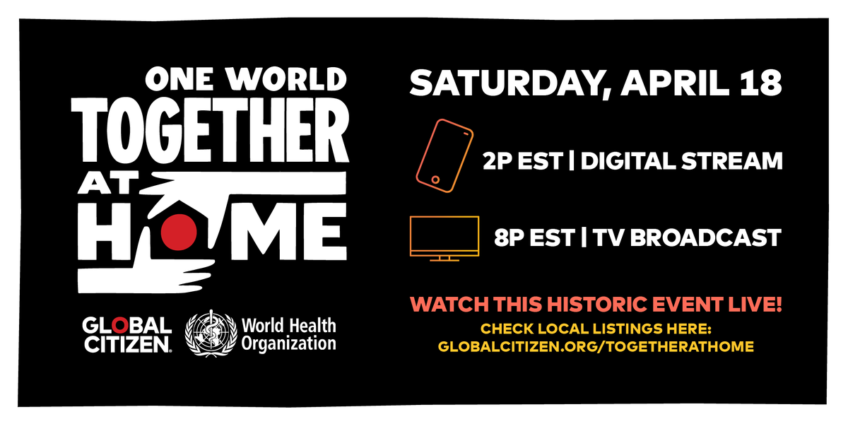 One World: #TogetherAtHome will include leading global health experts, performances by the world’s top artists and comedians, all curated by @LadyGaga, in support of <a href="/WHO/">World Health Organization (WHO)</a>’s #COVID19 Solidarity Response Fund. Tune in with us on April 18: glblctzn.me/OneWorldTAH