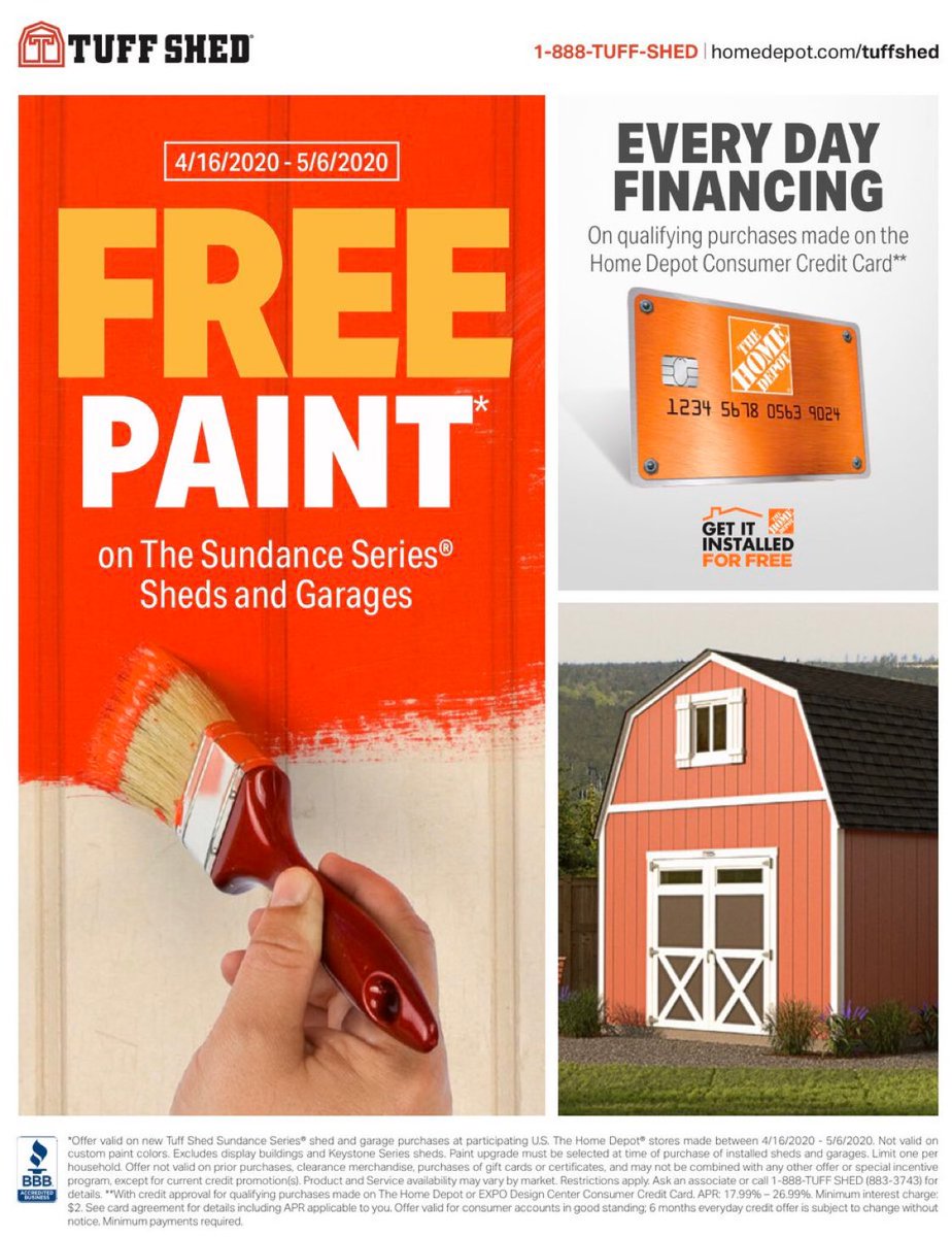 Great shed Great savings FREE PAINT on all Sundance series sheds only at the Home Depot!!! <a href="/WhitefleetChris/">Chris Whitefleet</a> <a href="/Tuff_Max/">Max Tuff</a> <a href="/Penn_DSM/">Judy Penn</a> @Carrol_Craig14 <a href="/ChismBryan/">Bryan</a> @zakkask <a href="/Nickb504/">Nick Brady</a> <a href="/AOstie/">April Ostie</a> <a href="/BassKausha/">Kausha</a>