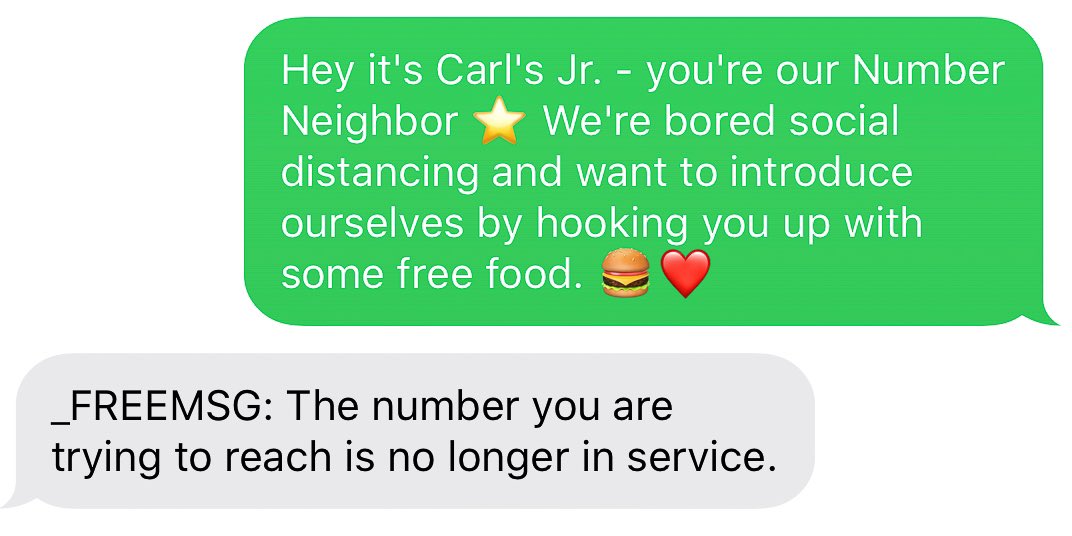 CarlsJr's tweet photo. We got bored and decided to bring this back… but looks like we need a new Number Neighbor while we are social distancing. 
 
RT if you want to be ours – we’ll be sure to introduce ourselves the same way. ���🍔 https://t.co/9rpdk0jL6r