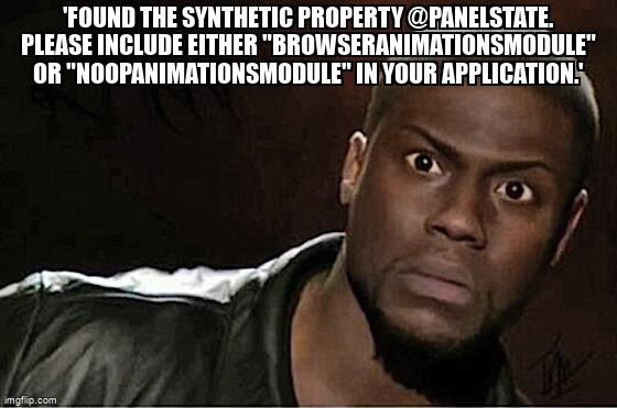overflow_meme's tweet image. 'Found the synthetic property @panelState. Please include either "BrowserAnimationsModule" or "NoopAnimationsModule" in your application.' stackoverflow.com/questions/4324… #typescript #angularanimations #angular