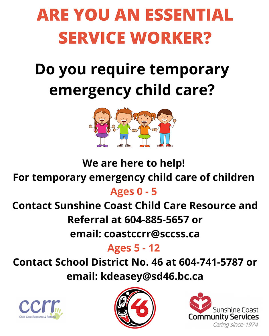 SCCommunityServ's tweet image. If you are an essential service worker and require temporary emergency child care please contact CCRR for children ages 0-5 and School District No.46 for children ages 5-12.
#essentialserviceworkers #childcare #community