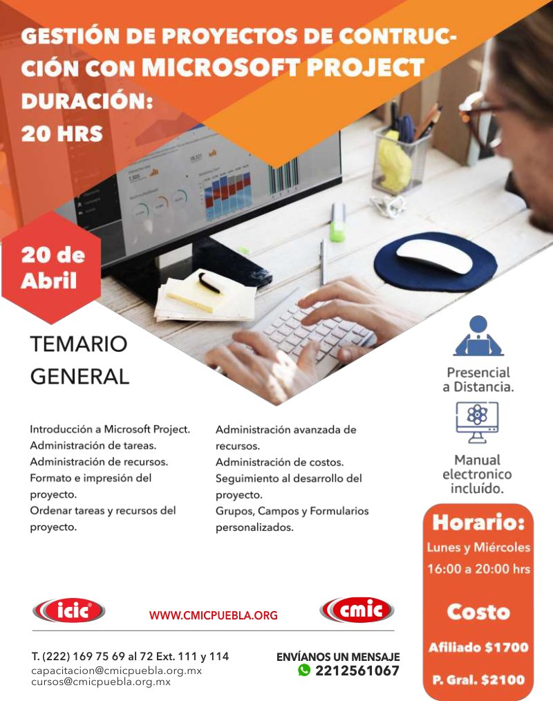 PueblaCMIC's tweet photo. Gestión de proyectos de construcción con Microsoft Project 
#PROXIMOCURSO Lunes 20 de abril 16:00 Hrs. 
Solicita más información vía whatsapp 2212561067 https://t.co/Xp23uUMDEW