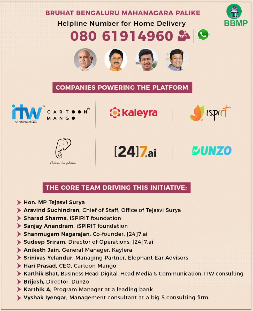 Tejasvi_Surya's tweet photo. As of last night, we've handled 10,000 calls on COVID-19 Home Delivery Helpline 080 61914960

Thanks to @247ai_India's dedicated team which has been handling calls with great focus

Thanks are also due to all partnerships making this possible. We must keep the fight on

@nags247 https://t.co/XXl5VP9Hkc
