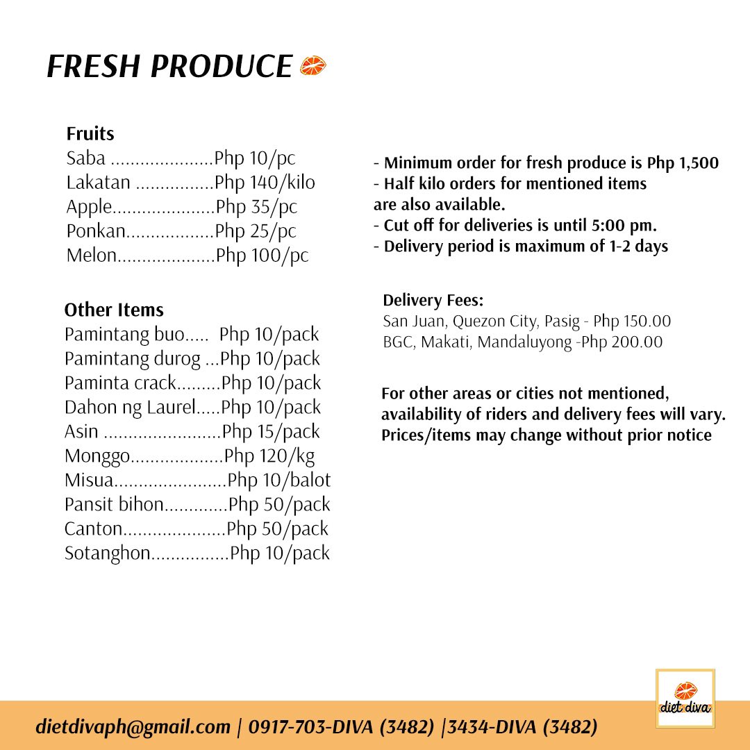 DietDivaPH's tweet photo. Diet Diva is back to serve you! ❤️ We are now accepting orders for ready-to-heat meals and fresh produce. Swipe right to see our full product list! DMs are open for inquiries. Keep safe and healthy! We start delivering on Monday 💋 https://t.co/j4mcLscqzu