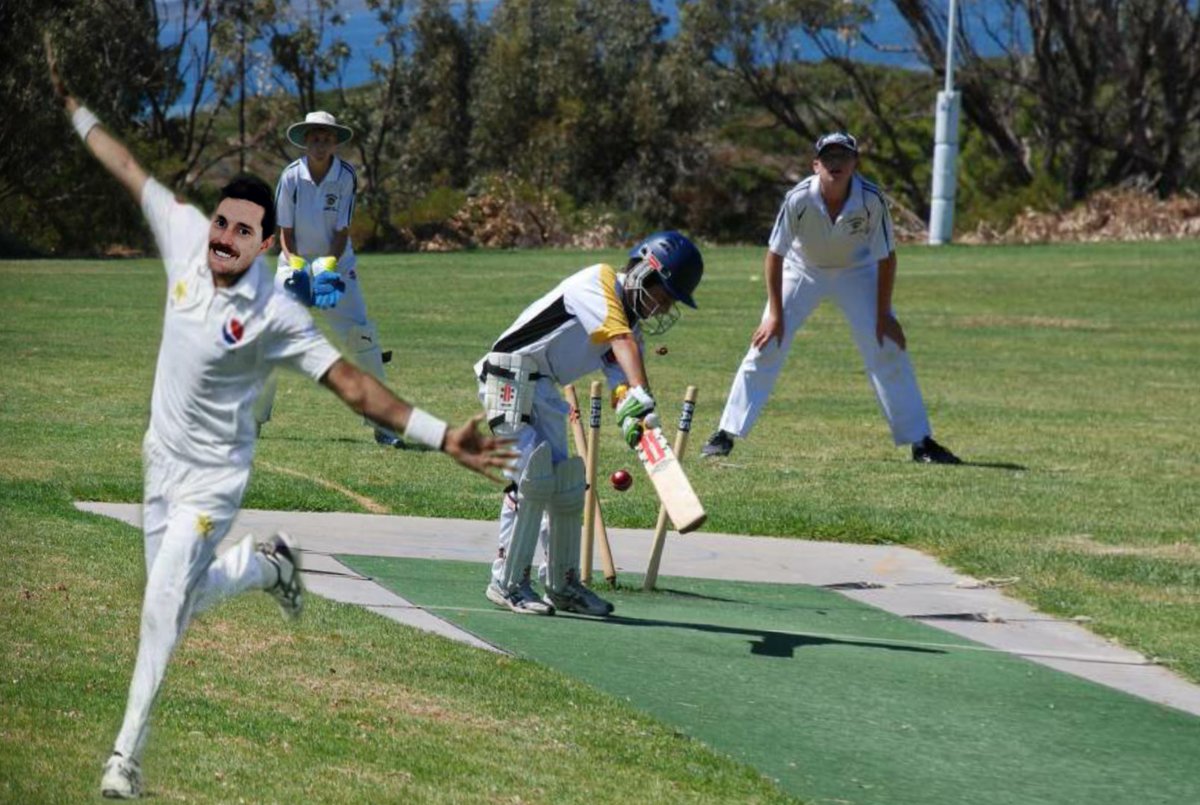 TypePaul's tweet photo. Pitch looks a flat deck(playing on mats). Opposition decide to bat. 11 year old comes out to bat with the swagger of Ponting and grit of Langer. We're in for a long day here lads.
I tell the skip to give the Watergardens Express a bowl. The rest is history. #TYPEapproved https://t.co/h6E6raGYTN