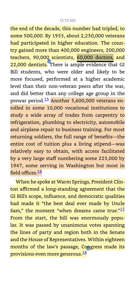 Let’s add on how 1930s New Deal legislation and the GI Bill of 1944 are responsible for 60,000+ doctors... at a time where black vets did not have equal access to this opportunity strictly because of their race (Screenshots from book “When Affirmative Action was White)