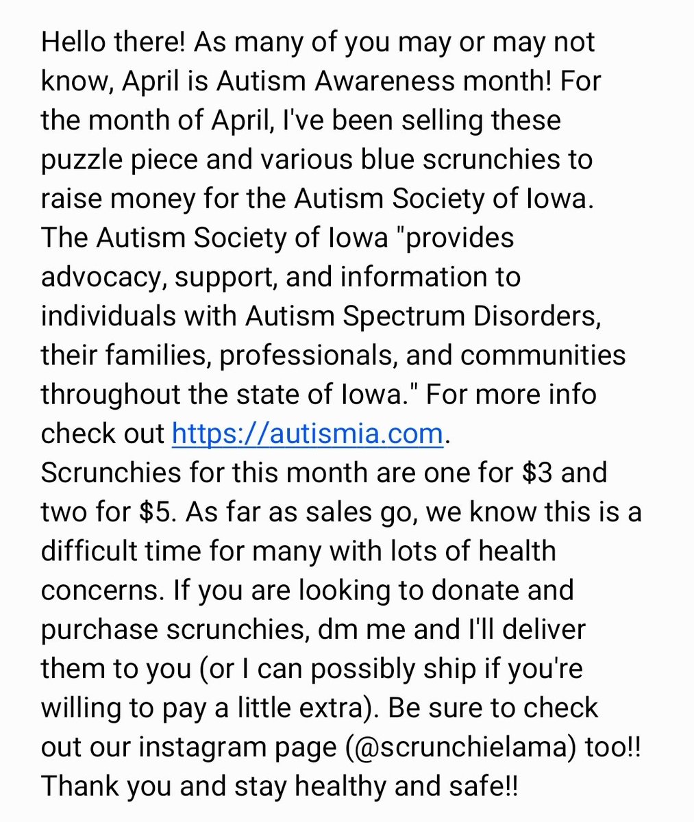 alayna_yates17's tweet photo. April is Autism Awareness month and I'm selling scrunchies to raise money for the Autism Society of Iowa! To find out more about what they do, check out their website: https://t.co/819yKHWvj8. DM me if you'd like to buy a scrunchie!! Thanks :) https://t.co/bGkCCpAsjE