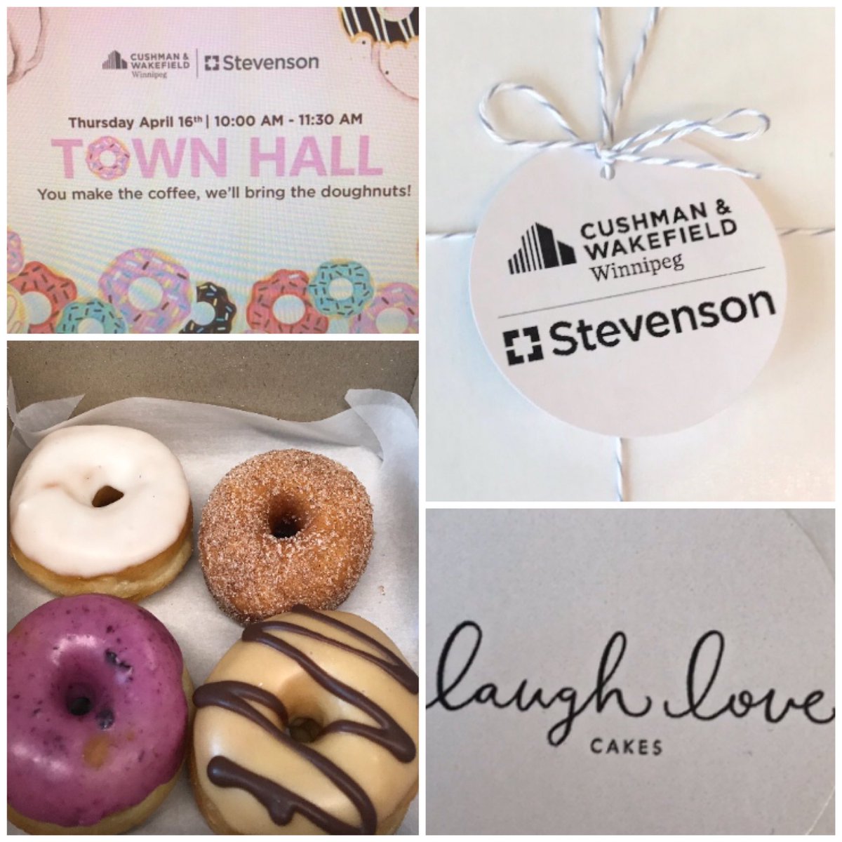 ShirlV13's tweet photo. @CW_Stevenson meeting this morning with awesome donuts from @laughlovecakes delivered to 100 employees at home! #supportlocal https://t.co/SZl0XTvtxn