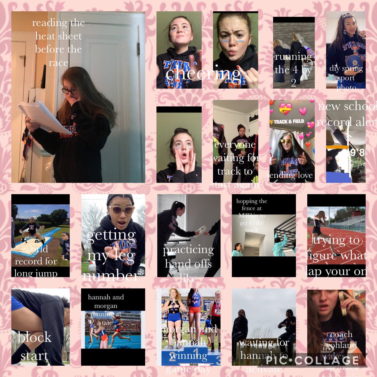 This week is a virtual spirit week for StT. Today was sports attire day. I challenged our team to text pictures to their teammates with track themed pics. Here is a collage of some of them. Very proud of them!!