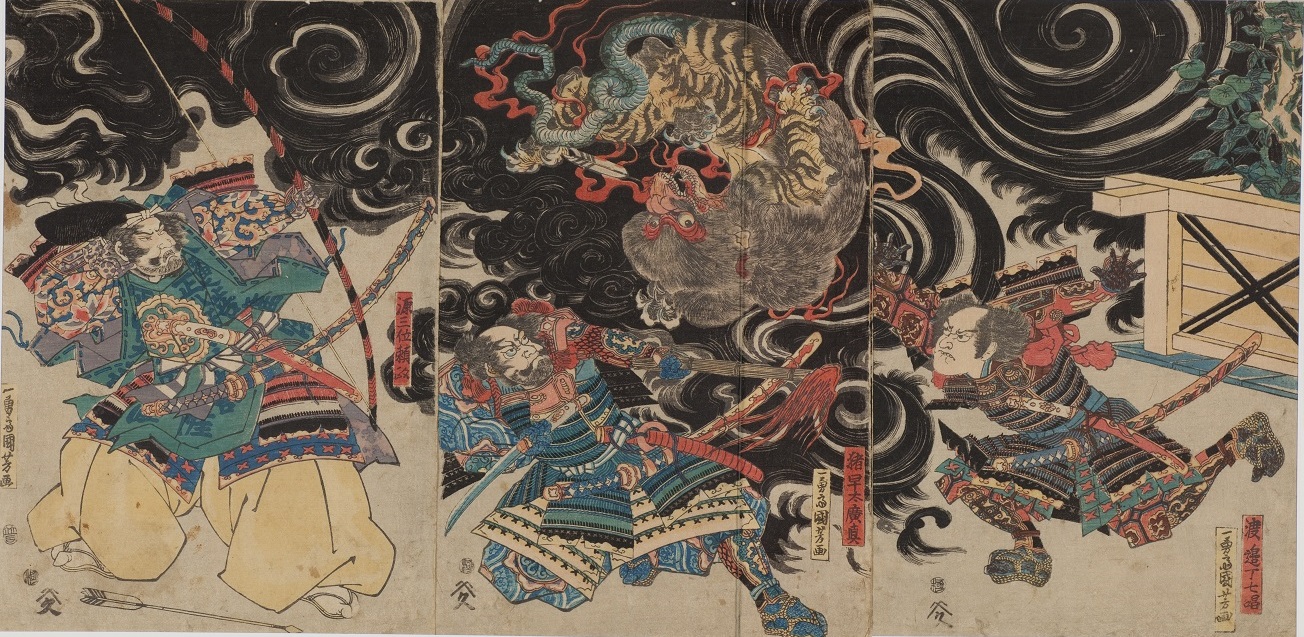 妖怪！本物浮世絵木版画 三代歌川豊国「閻魔堂 仇討の図」江戸期 武者絵 錦絵 真作】妖怪！本物浮世絵木版画 三代歌川豊国「閻魔堂 仇討の図