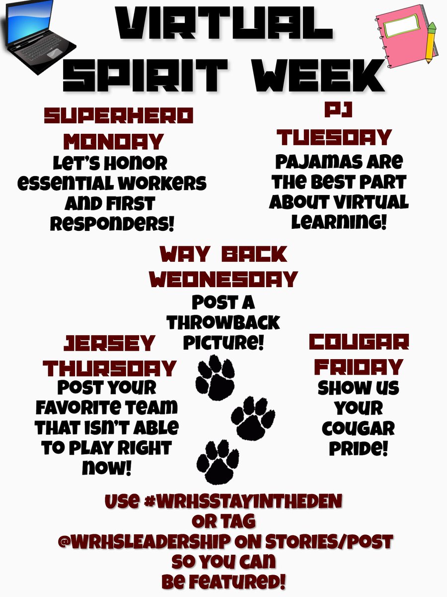 Virtual Spirit Week Starts This Monday April 20th! Help Show Cougar Spirit During This Time! 🐾