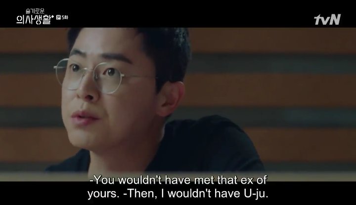 the significance of these lines. iksun & ikjun were talking about go ara here but this conversation is actually a prelude to what they're about to show (ikjun's feelings for songhwa) in the next episode. you know what's nice? songhwa cares about uju too. #HospitalPlaylist