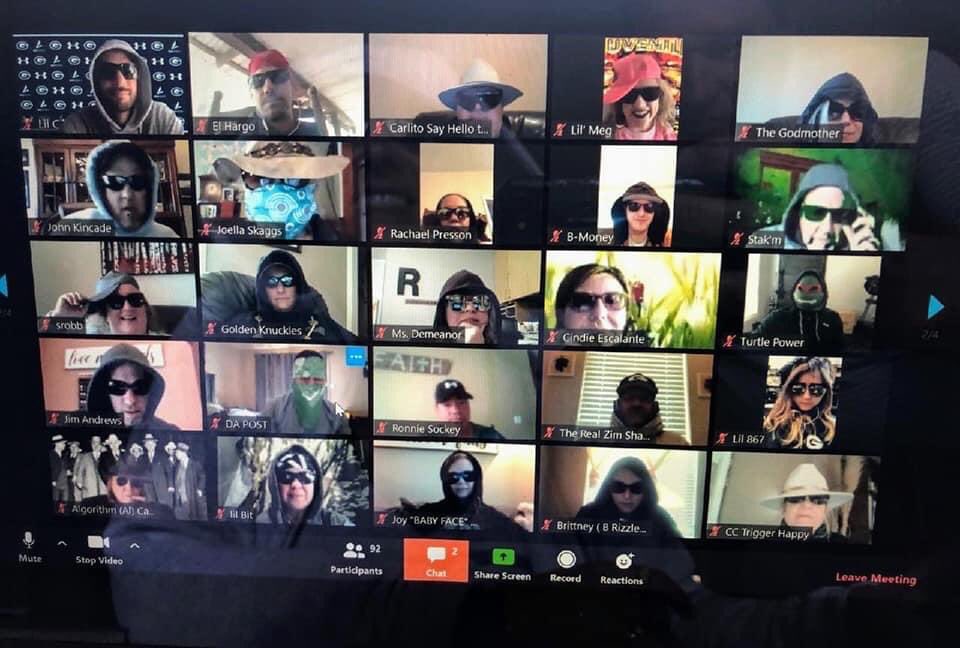 kkandtim's tweet photo. The faculty decided to surprise the admin today at their zoom faculty meeting by giving themselves gangster names and dressing up. Teachers doing what they do, making people smile! @somegoodnews @johnkrasinski https://t.co/5xBQFmQCZ5