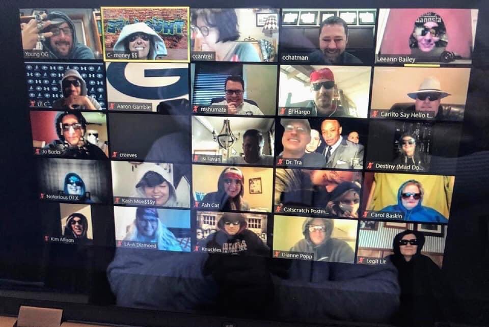 kkandtim's tweet photo. The faculty decided to surprise the admin today at their zoom faculty meeting by giving themselves gangster names and dressing up. Teachers doing what they do, making people smile! @somegoodnews @johnkrasinski https://t.co/5xBQFmQCZ5