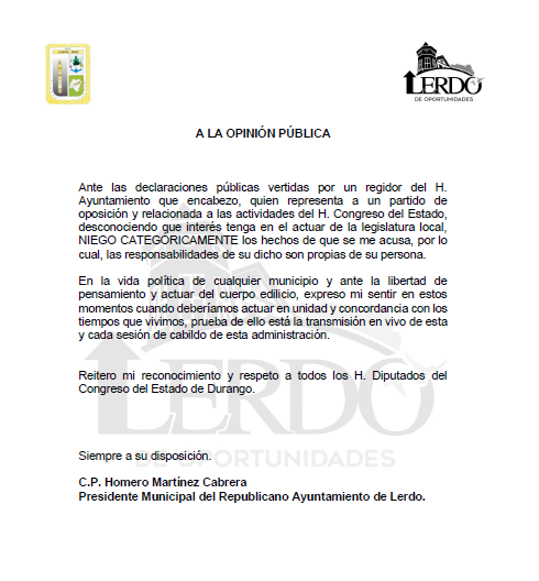 En relación a las declaraciones emitidas por un miembro del cabildo que involucran al <a href="/GobLerdo/">Gobierno Municipal Lerdo</a>  y al <a href="/CongresoDurango/">Congreso Durango</a> expreso lo siguiente:

De igual forma comparto la liga de la trasmisión de la sesión de cabildo a la cual hace referencia facebook.com/GobLerdo/video…