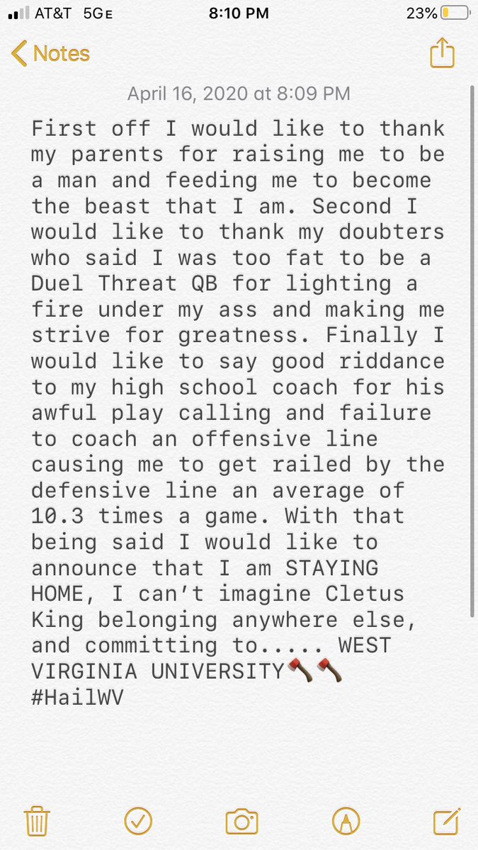 CletusKing14's tweet photo. Committed 💉🍝 #HAILWV #TAKEMEHOME21 @WVUfootball @NealBrown_WVU @SGasperWVU @CMAnderson247 @PatMcAfeeShow https://t.co/YDMrYS194q