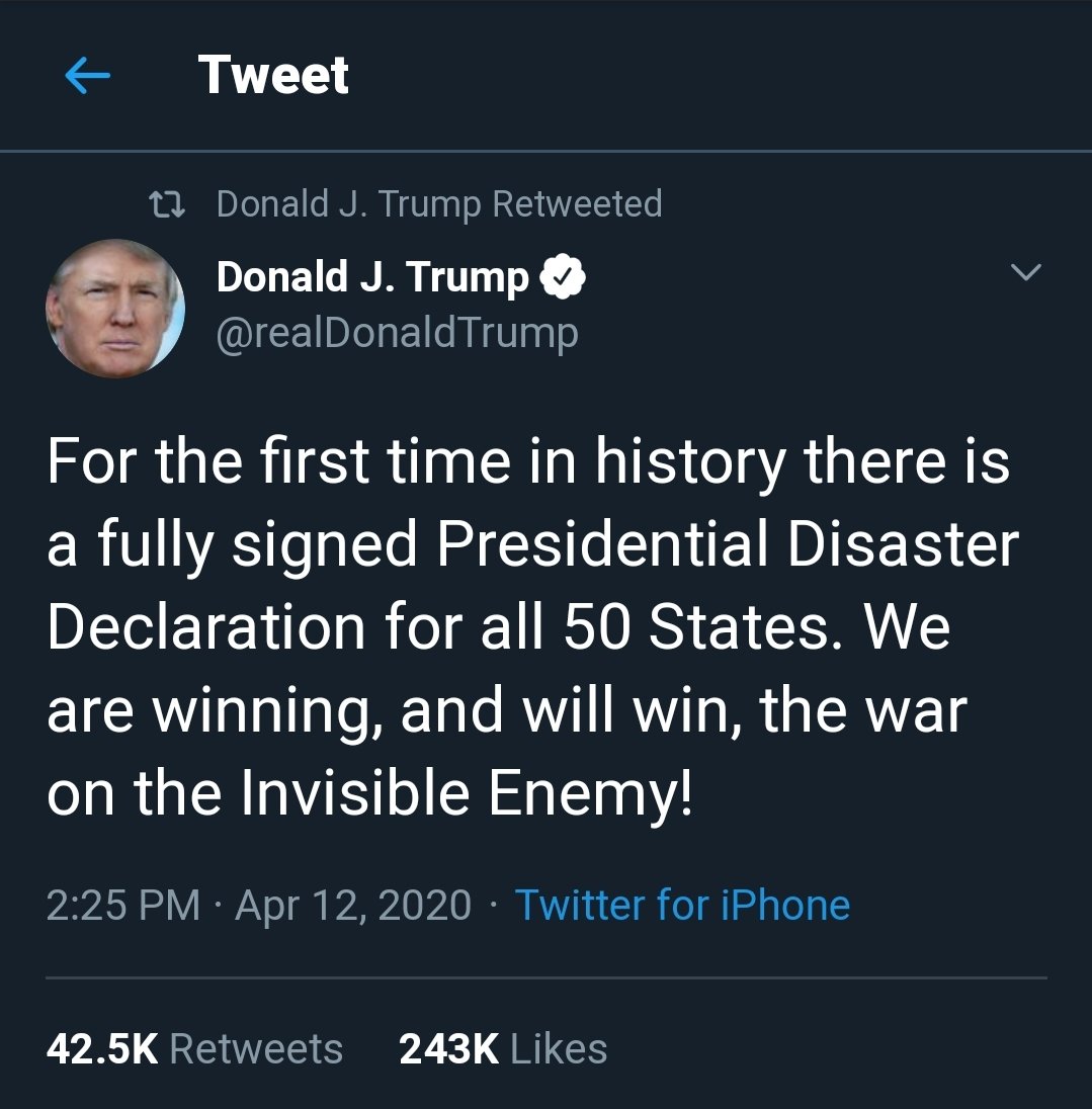 113. WE ARE WINNING THE WAR "ON" THE  #INVISIBLEENEMY"On" seems interesting to me https://mobile.twitter.com/realDonaldTrump/status/1249418405951799309BRING THE PAIN  @POTUS  #QAnon