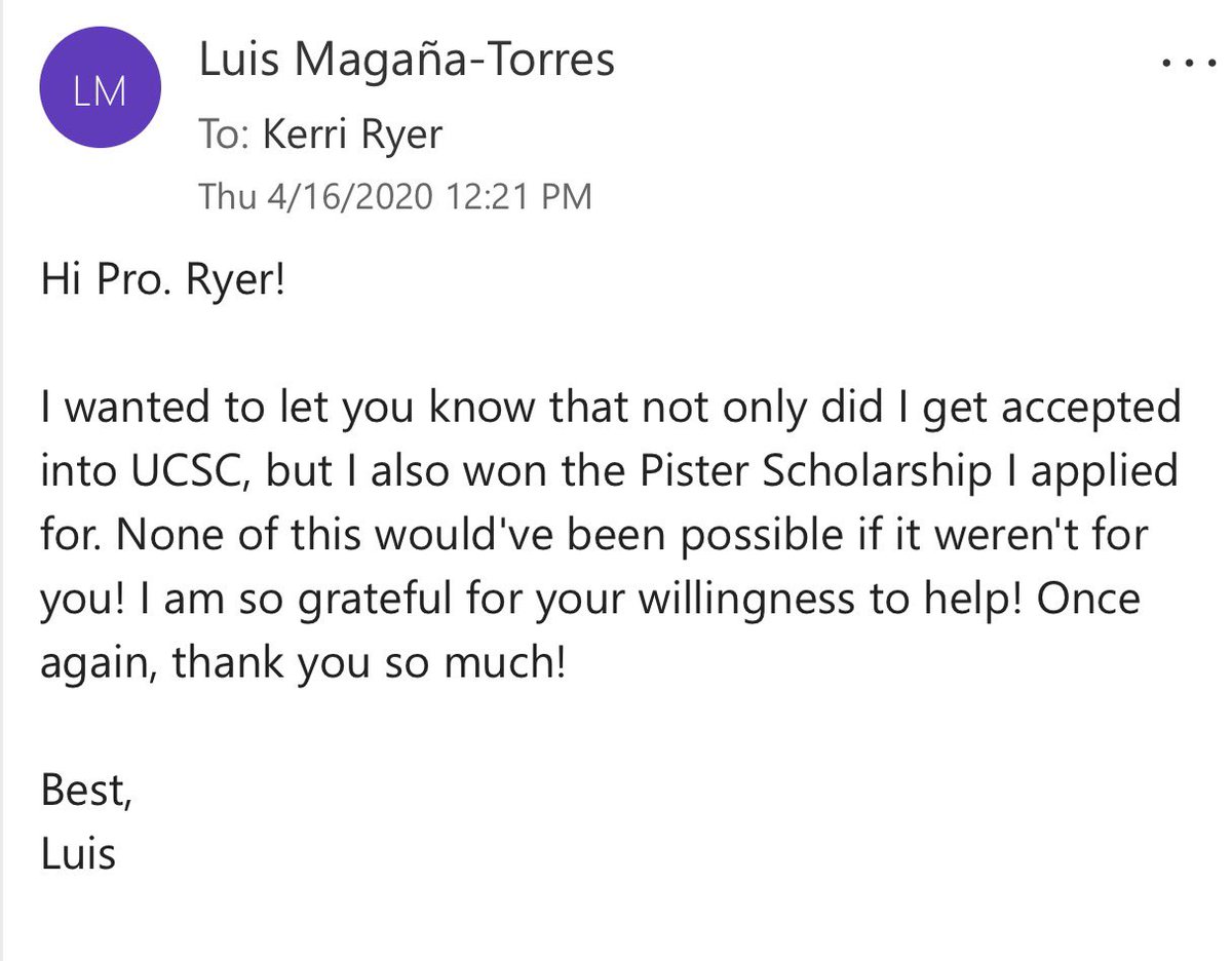 Kerri_Ryer's tweet photo. This is what I LIVE for: my student Luis Magaña-Torres was awarded the Pister scholarship and UCSC admission!!! #soproud #iamfoothill I cannot wait to see what you accomplish in this next chapter. CONGRATULATIONS LUIS!!!! 🎉🎉🎉 https://t.co/c87q7YGd7H
