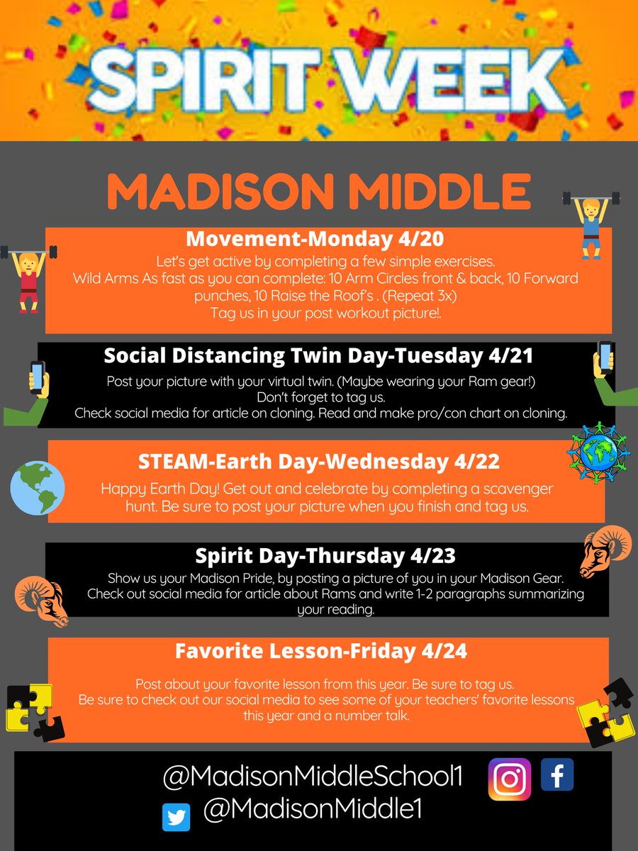 madisonmiddle1's tweet photo. Madison Rams will be celebrating with their peers in a very virtual way for Spirit Week. Each day will be a fun theme tied to academics. Can’t wait to see your pics &amp; remember to follow the rules of social distancing. ⁦@bmells06⁩ ⁦@AndreWarren8⁩ ⁦@MNPSFamilies⁩ https://t.co/ol4cdEGh0J