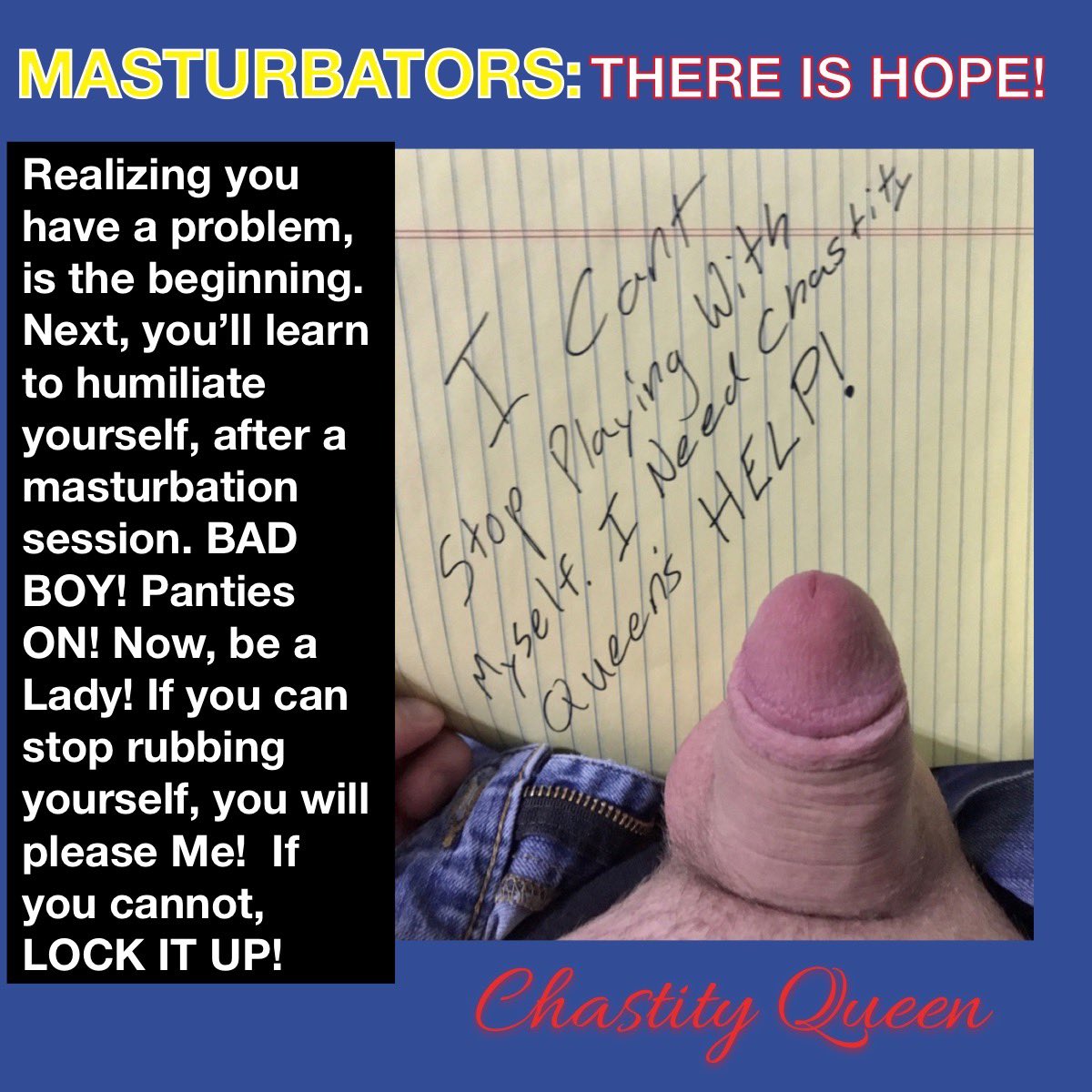 QUEEN_OF_LOCKUP's tweet photo. LOCK IT UP masturbators! There IS HOPE! https://t.co/i6lP3Hr8dm #stopwanking #chastity #keyholder #sph #humiliation #smallpenis @OnlyFans I know it’s hard to stop but YOU CAN DO IT! https://t.co/HBj5M136Im