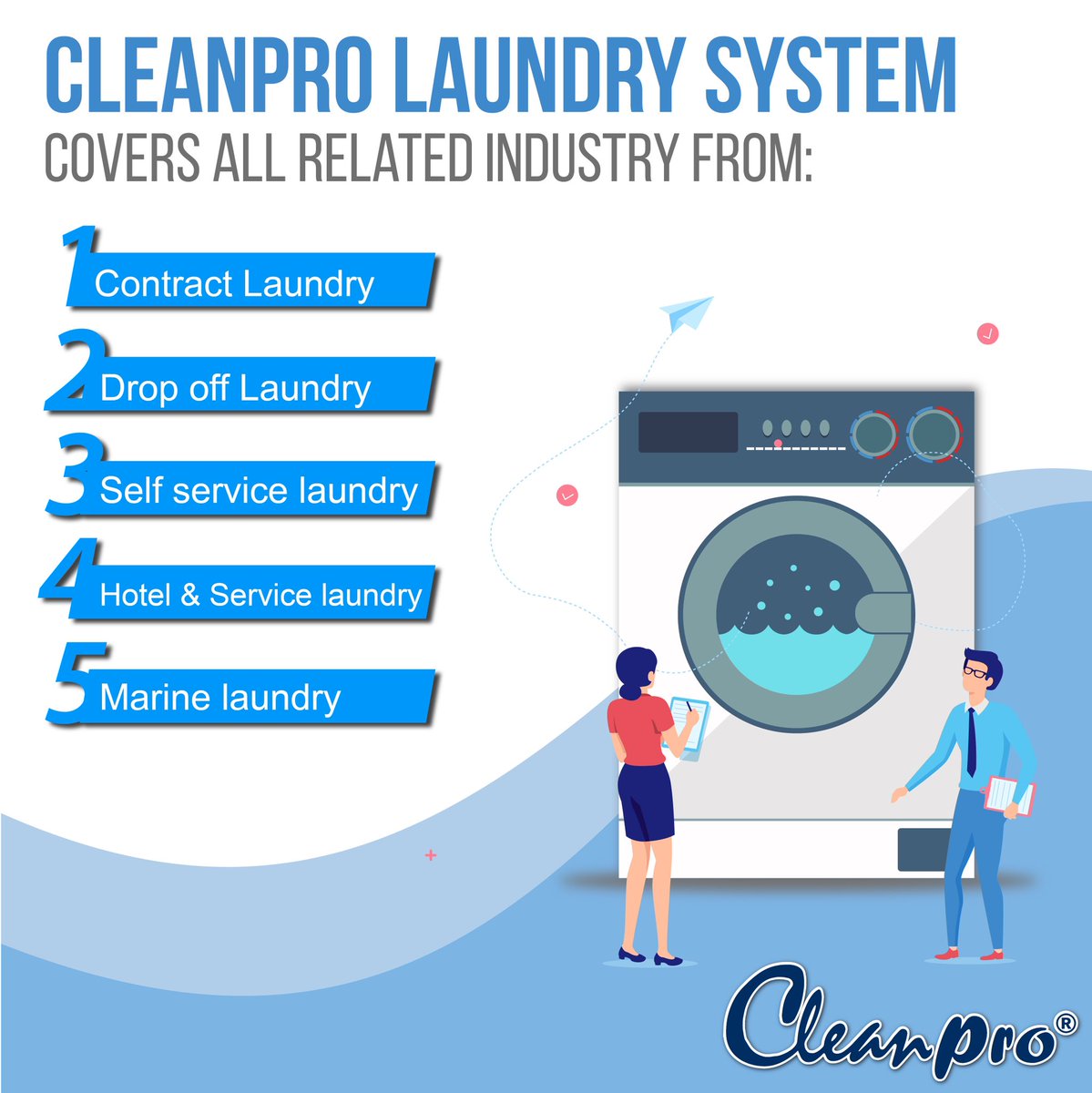 CleanproLaundry's tweet photo. A little knowledge about Cleanpro Laundry System: 

We do provide services that cover all related industry from Contract Laundry, Drop-off Laundry, Self-Service Laundry, Hotel &amp; Resort Laundry, Nursing Laundry, Marine Laundry, and more. https://t.co/TXqXyvbdcg