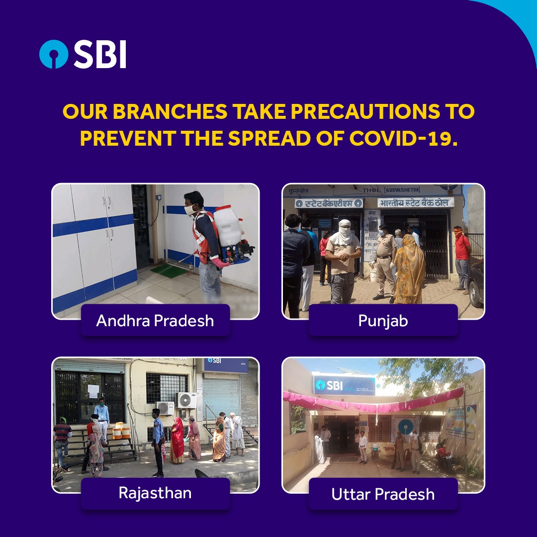 SBI team members have been working tirelessly to provide a seamless #BankingExperience & at the same time ensuring the safety of customers.
Our team from AP, fumigated the branch while Punjab, Rajasthan and UP teams encouraged people to practise #SocialDistancing. #COVID19 #SBI