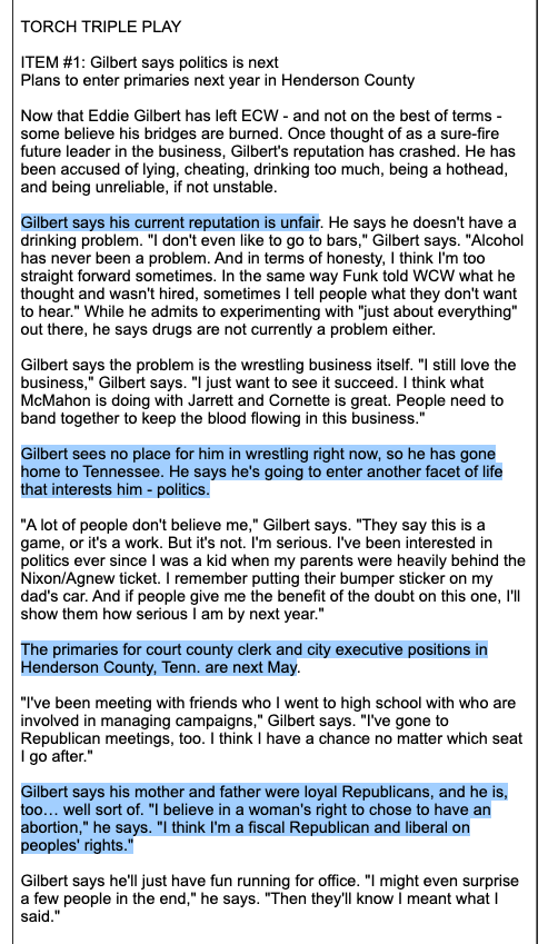 Okay so I've got a lot more on Eddie Gilbert's ECW departure from 4 tweets back1) WON reports split is due to the imminent WWN project & ECW's role. Torch reports similar.2) WON follow-up3) Gilbert writes a letter to WON4) Torch update on Gilbert with quotes for his plans