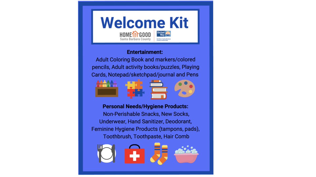 HomeForGoodSBC's tweet photo. As more of our at risk unhoused neighbors move into motels - we are looking to supply them with a move in kit to welcome them! Can you help? Contact ➡️ Ashley, #AmeriCorps #VISTA
@HomeForGoodSBC @nsbc_unitedway 
805-451-5604
cgvolunteers@gmail.com #SantaBarbaraCounty #LiveUnited https://t.co/C7sPf25MUk