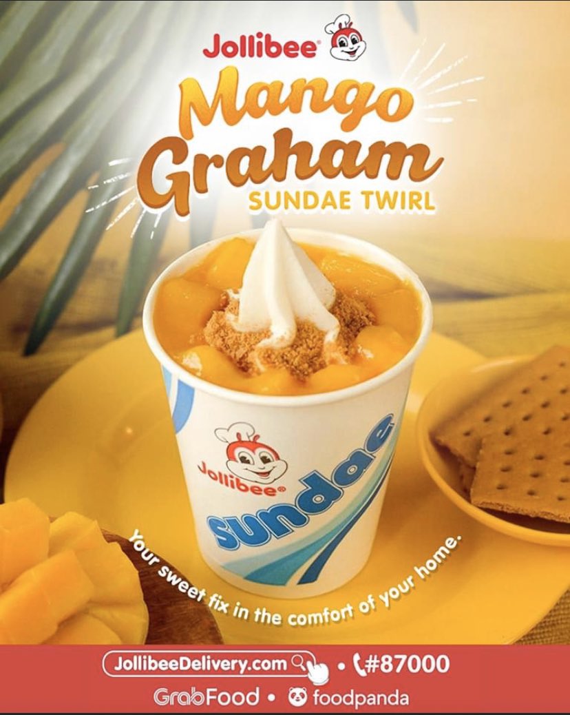 misismimisuarez's tweet photo. Allow us to deliver sweetness to you so you can stay safe at home. Our Mango Graham Sundae Twirl is now available for delivery from 10AM to 5PM in selected Jollibee stores via https://t.co/Am4rwa34B6, #87000, GrabFood, and Foodpanda. https://t.co/soUyt7DbpW