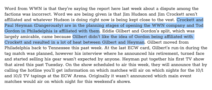Okay so I've got a lot more on Eddie Gilbert's ECW departure from 4 tweets back1) WON reports split is due to the imminent WWN project & ECW's role. Torch reports similar.2) WON follow-up3) Gilbert writes a letter to WON4) Torch update on Gilbert with quotes for his plans
