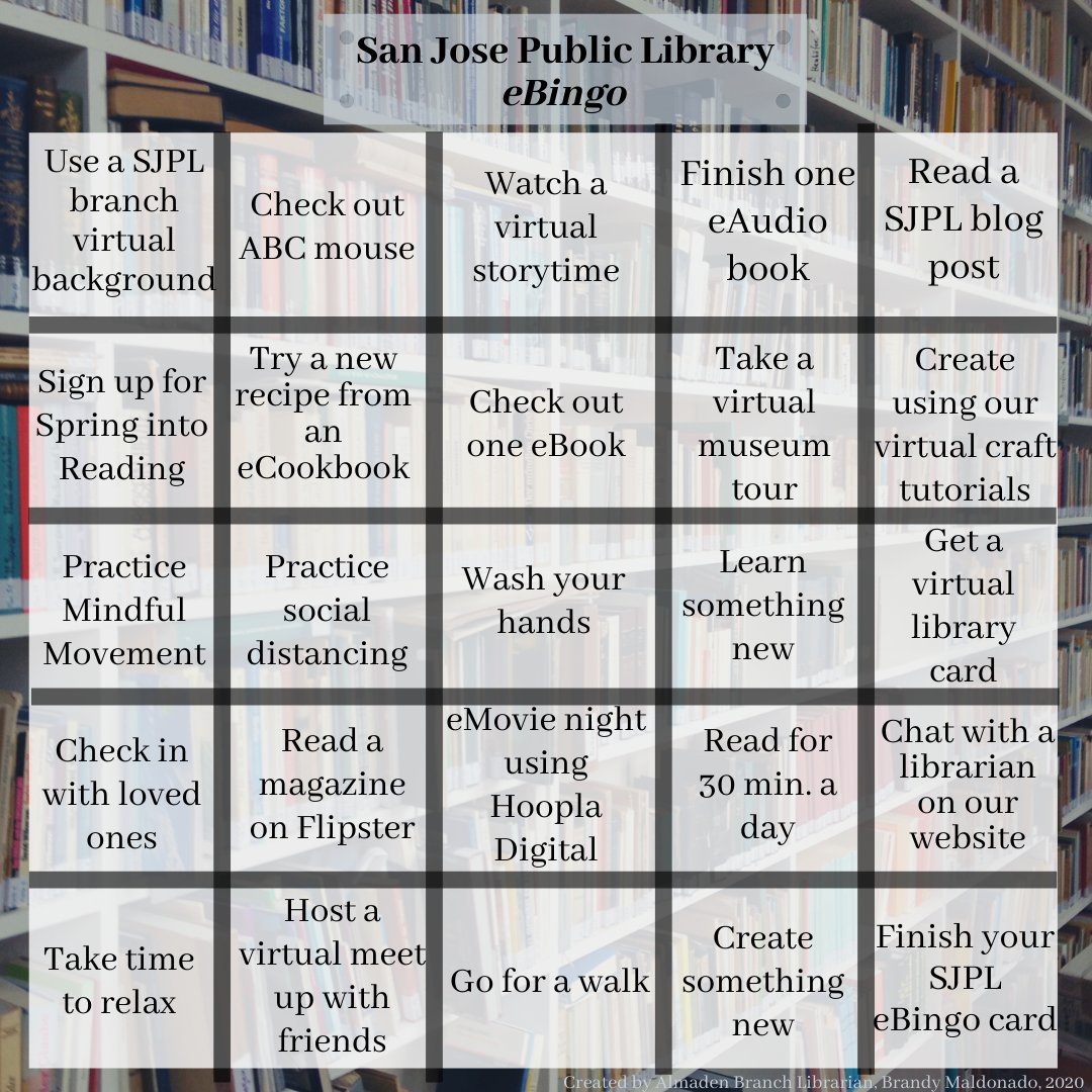 sanjoselibrary's tweet photo. A little bored at home? ๐
Try seeing how much of our eBingo card can you check off? Feel free to also reply back with your favorite square! ๐
#RightToLibrary #eBingo #LibraryBingo #SanJoseLibrary #SJPLROCKS https://t.co/cOo1PKSh2w