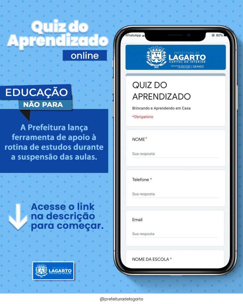 MagsondAcademia's tweet photo. A Prefeitura de Lagarto lançou nesta quarta-feira, 15, o Quiz do Aprendizado Online, uma ferramenta educacional 100% digital, disponibilizada gratuitamente, que visa levar conhecimento e fomentar o aprendizado dos alunos da rede municipal de ensino. #prefeituradelagarto #semed https://t.co/uYmZuDh8GB