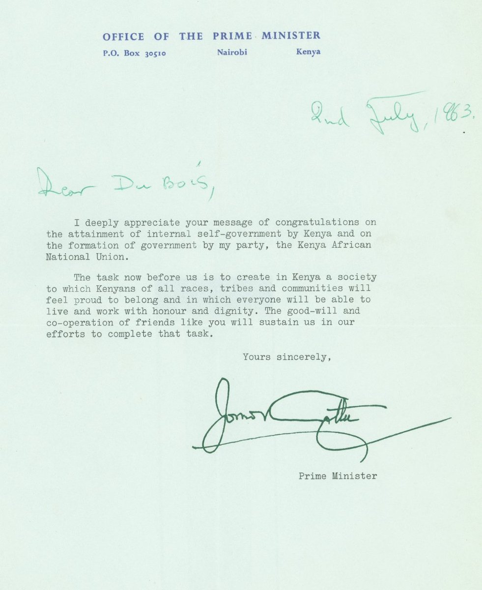 Letter from Jomo Kenyatta to W. E. B. Du Bois, July 2, 1963 Thanking Du Bois for his "message of congratulations on the attainment of internal self-gove…
