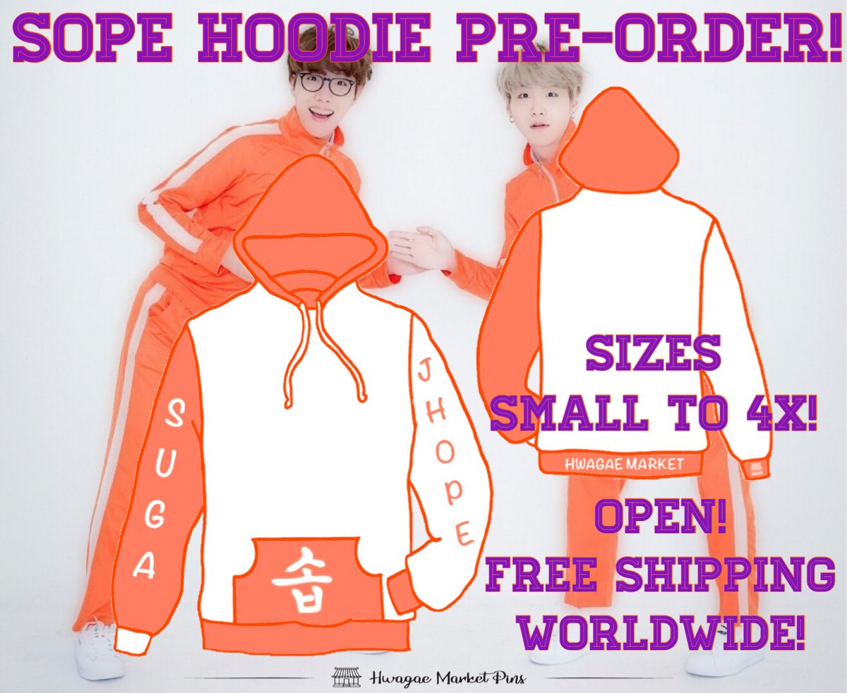hwagaemarketpin's tweet photo. 🚨SOPE HOODIE PRE-ORDER REMINDER🚨

Sope hoodies pre-orders are open till May 2nd! 🧡We have also added 3x-4x for available sizes, w/a slight price difference.
Thank you for your support and love! 🥺

#bts #preorder #hmpupdate #btspins #btshoodie #sope #sopenation #sopehoodie https://t.co/1qeiRKfzvW