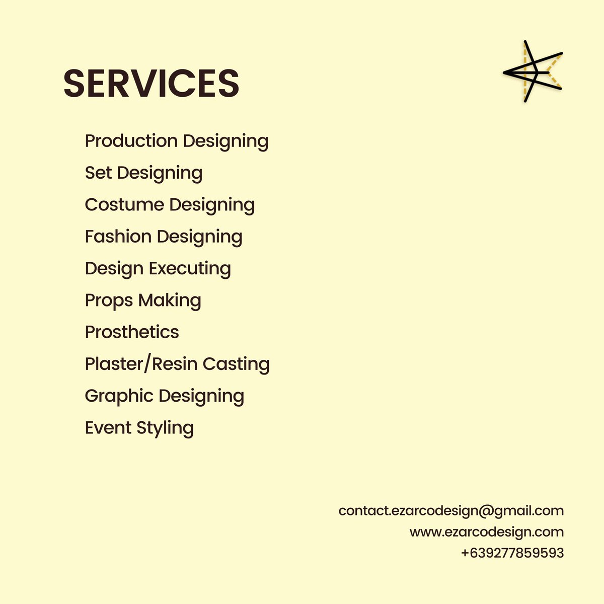 ezarcodesign's tweet photo. OUR SERVICES.
-
#ProductionDesigning #SetDesigning #CostumeDesigning #FashionDesigning #DesignExecuting #PropsMaking #Prosthetics #PlasterCasting #ResinCasting #GraphicDesigning #EventStyling #EzarCoDesign https://t.co/WaaCWIIrcH