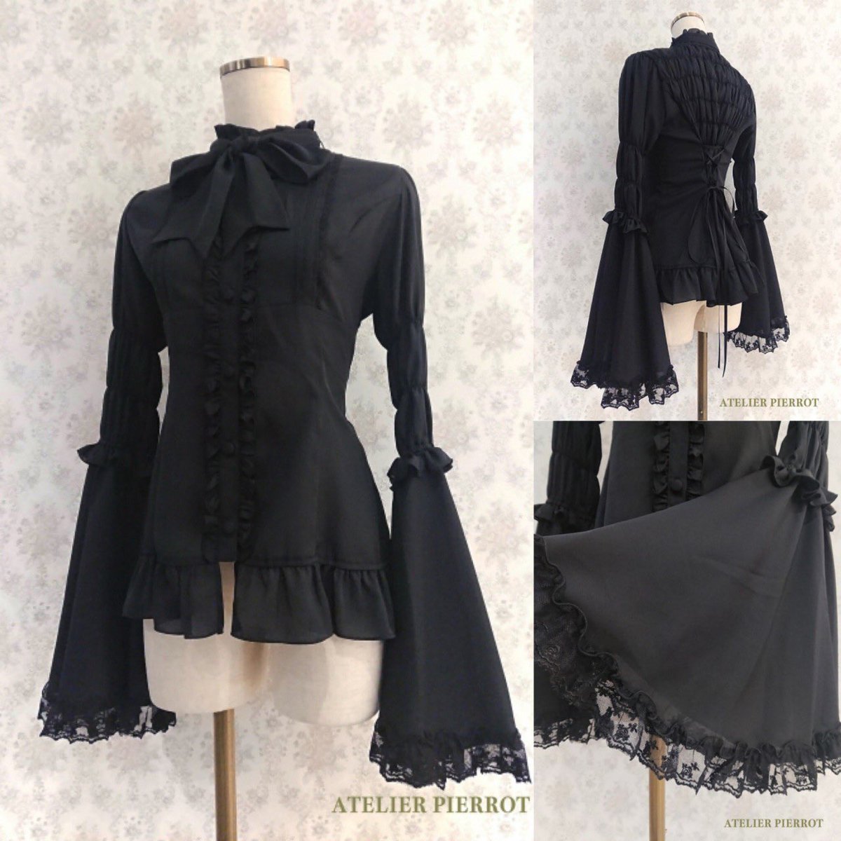 Atelier Pierrot Atelier Pierrot スタンドカラー姫袖ブラウス フリル White Black 姫袖にたっぷりと薔薇レースをあしらった上品で華やかなブラウス コルセットワンピース ジャンパースカートとの相性 通販ページ T Co