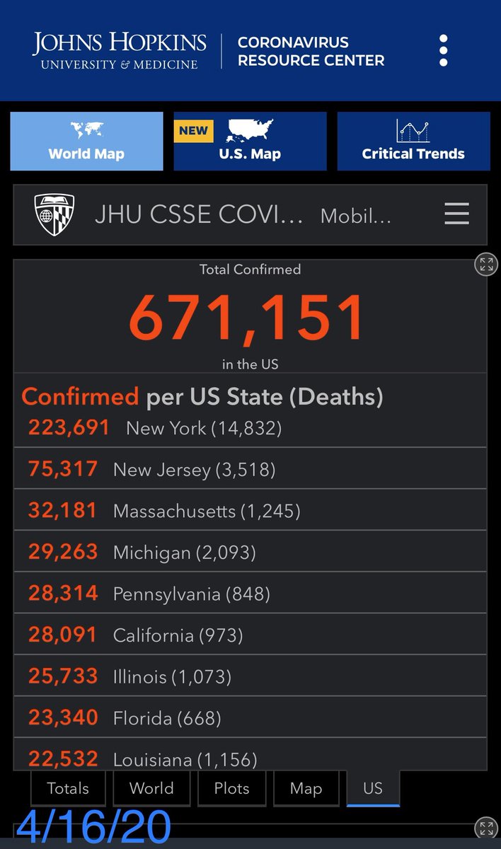 4/16/20 https://coronavirus.jhu.edu/map.html 