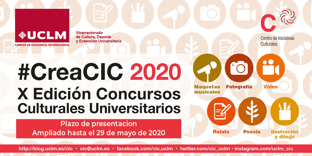 Debido a las especiales circunstancias actuales se ha ampliado el plazo de presentación de #CreaCIC2020, así mismo se ha facilitado la presentació online en la mayoría de las categorías. <a href="/UCLM_ES/">Universidad de Castilla-La Mancha</a> <a href="/ViceCuencaUCLM/">Vice_Cuenca_UCLM</a> Ver bases: blog.uclm.es/cic/